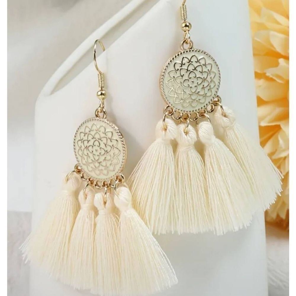 Boho Earrings Dangle Drop Western Carved Geometric Tassel Pendant Gold Tone Hook